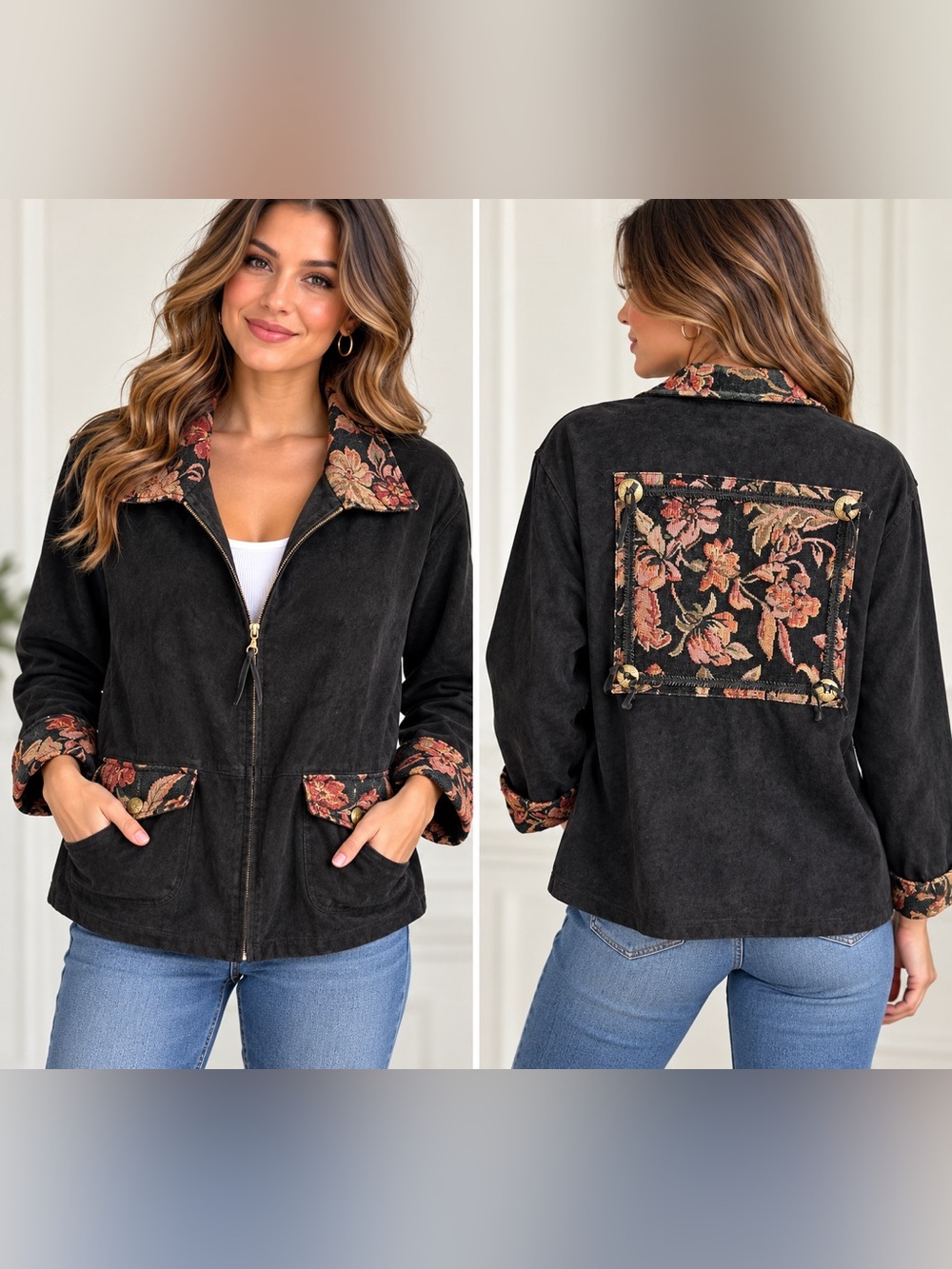 Vintage Susan Graver Style Black Jacket Floral Tapestry Trim Faux Suede